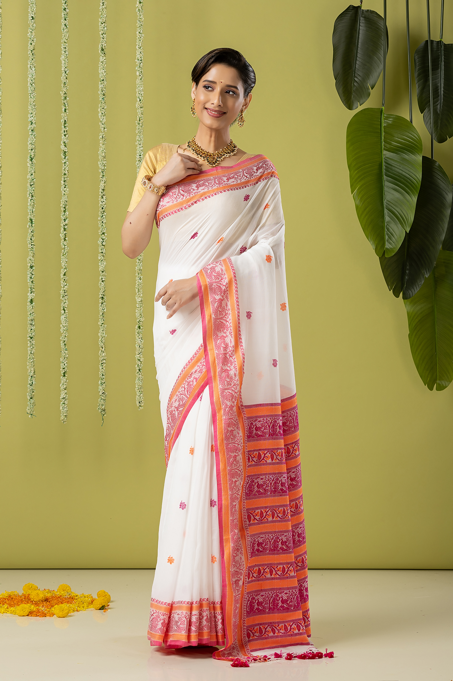 Handwoven Jamdani Muslin Saree | White and Red | All-over Buttas with All-over Jamdani weaves