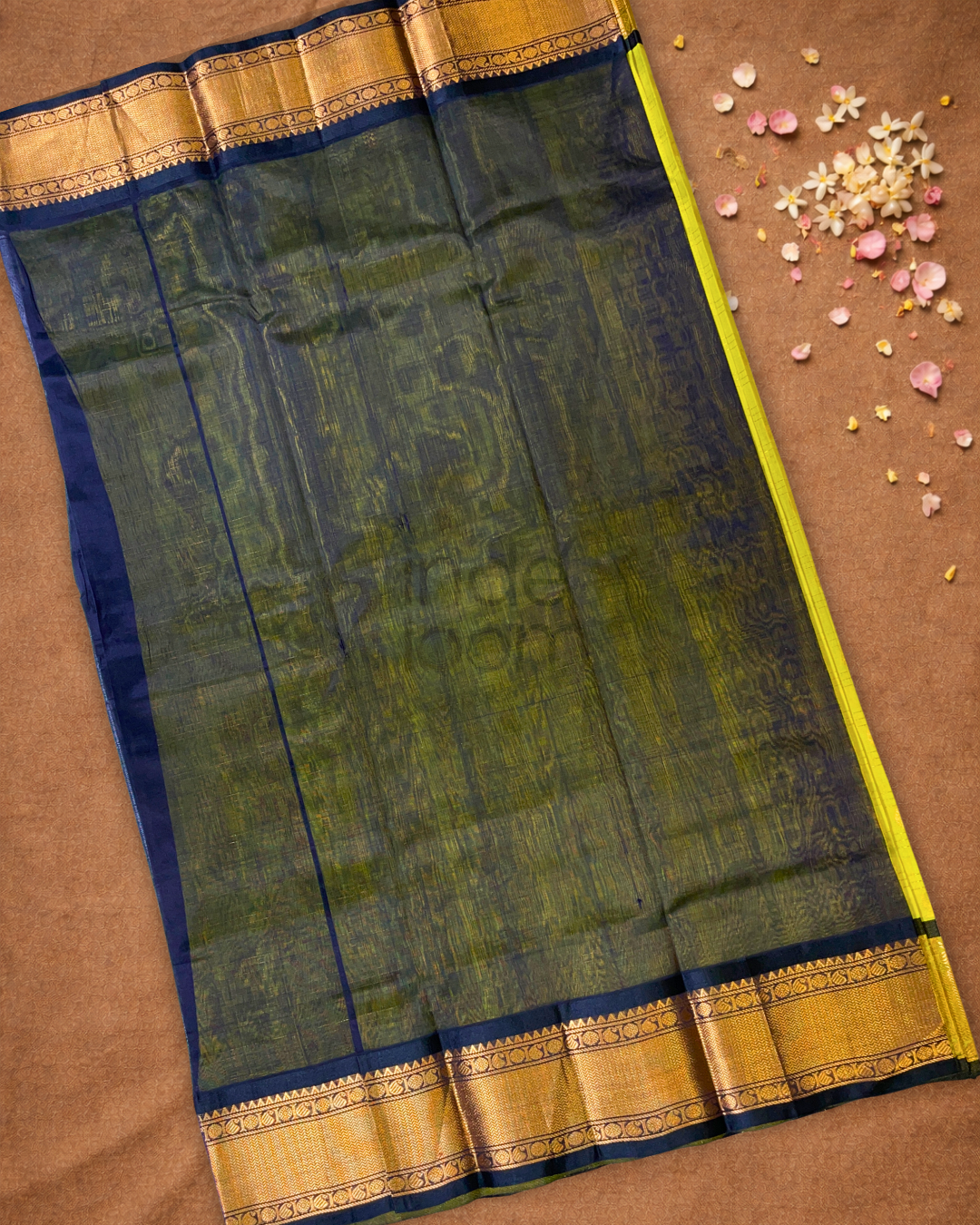 Handloom Korvai Silk Cotton Saree  |  Lime Green