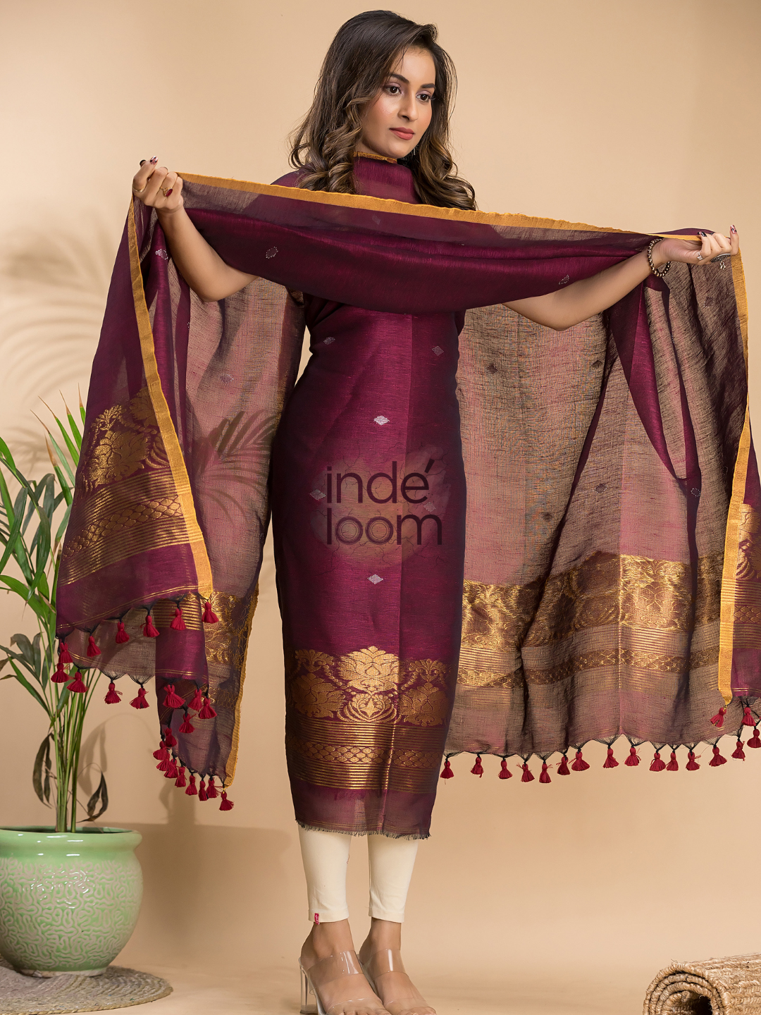 Maroon Cotton Linen 2-Piece Set Kurti & Dupatta (UNSTITCHED) - 001
