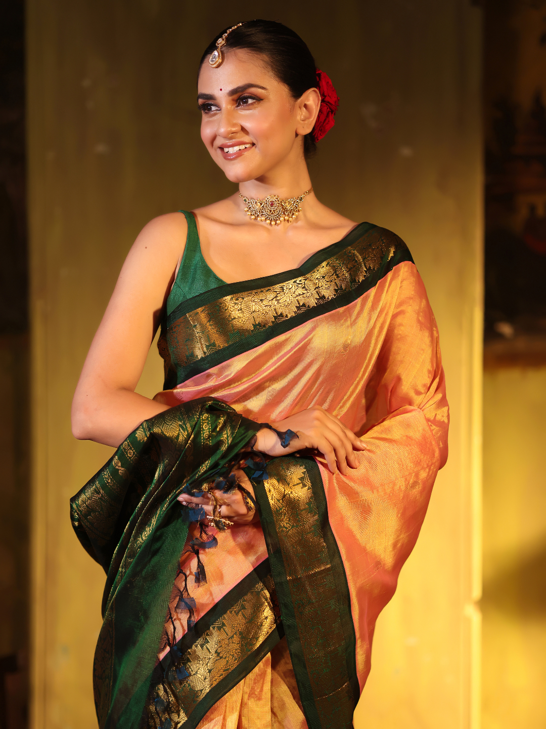 Pure Handloom Korvai Saree | Peach-Pink and Dark Green