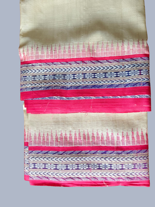 Rose Pink Handloom Vidarbha Tussar Silk Saree with Multicolor Contrast Border - 009