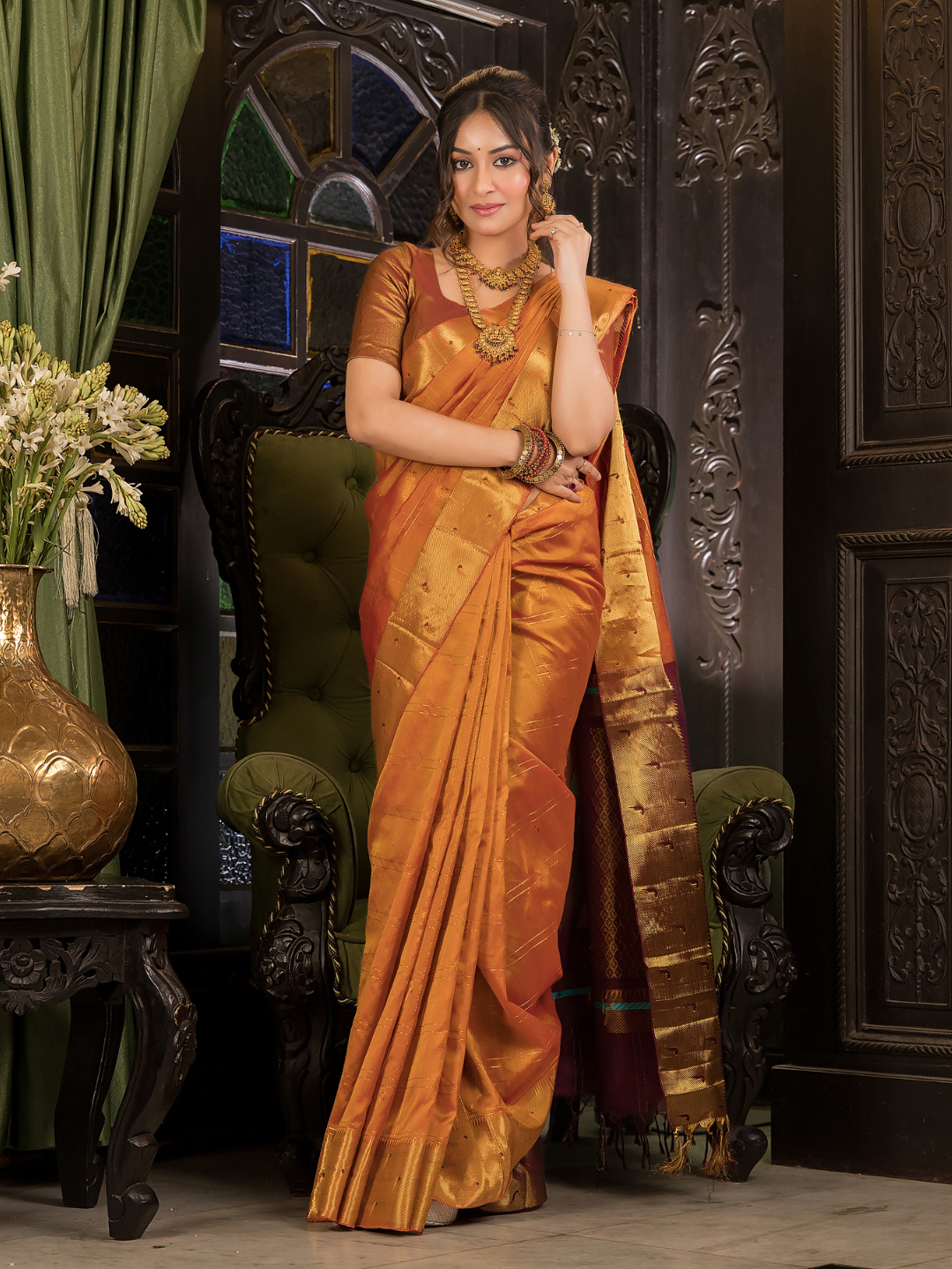 Pure Handloom Korvai Saree | Golden Orange
