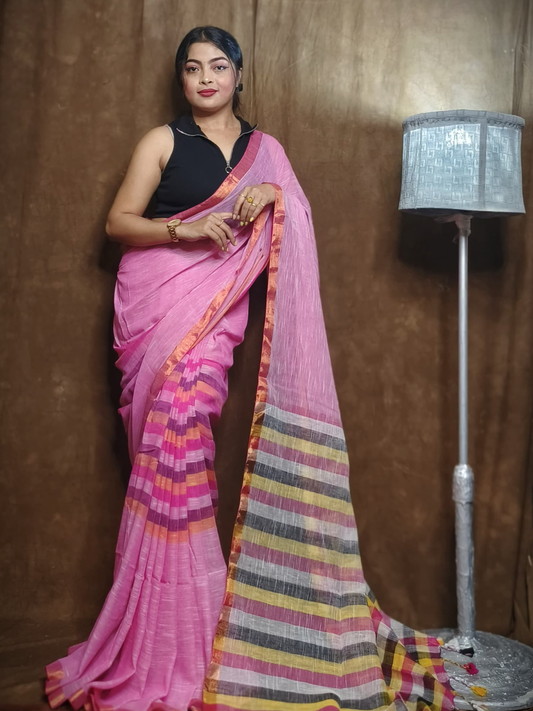 Pure Handloom Linen Saree | Baby Pink
