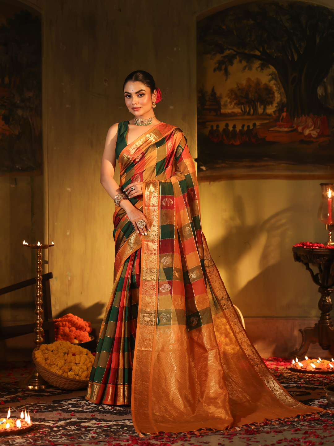 Pure Handloom Korvai Saree | Checks Green, Maroon, Mustard Gold