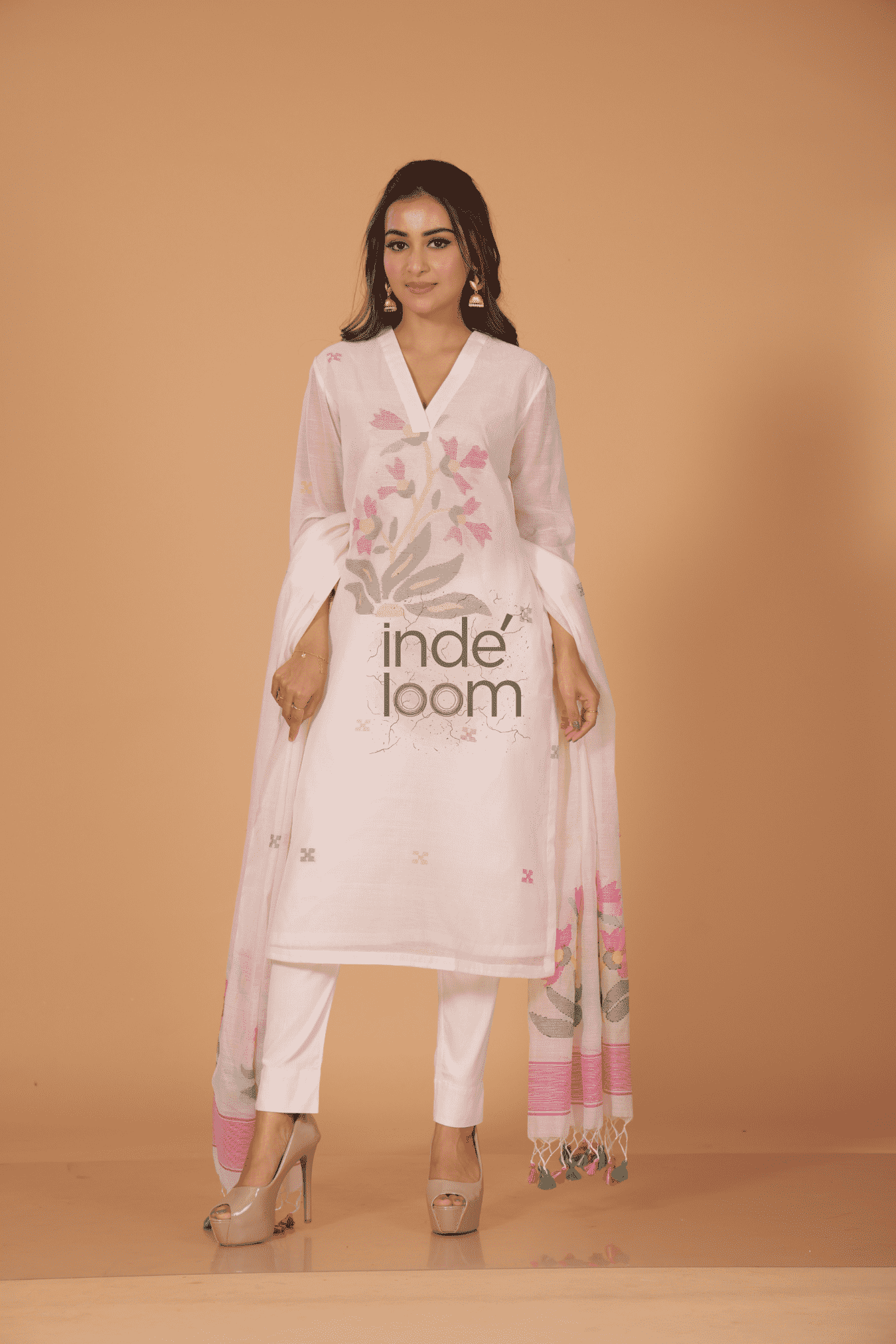 Muslin Jamdani 2-Piece Set Kurti & Dupatta (UNSTITCHED) - Pearl White - 078