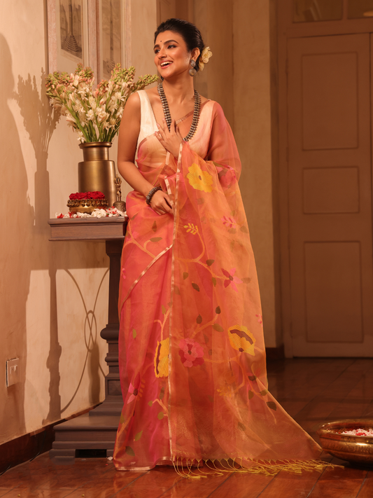 Handwoven Pure Jamdani Muslin Saree  |  Fire Orange
