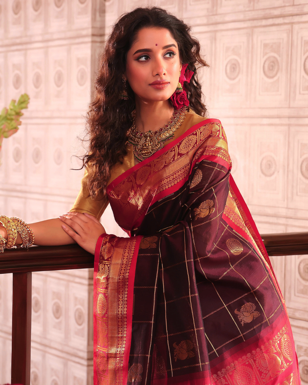 Pure Handloom Korvai Saree | Dark Brown and Rani Pink