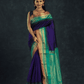 Pure Handloom Korvai Silk Cotton Saree in Rich Sapphire Blue and Teal Moss with Golden temple Border - 138