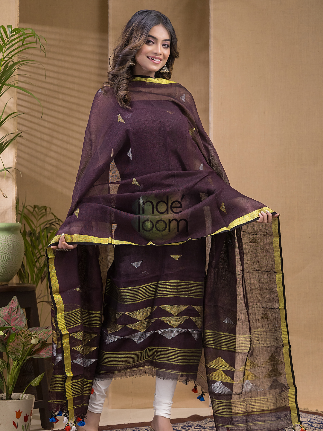 Dark Brown Pure Linen suit 2 piece Set Kurti & Dupatta (UNSTITCHED) -637