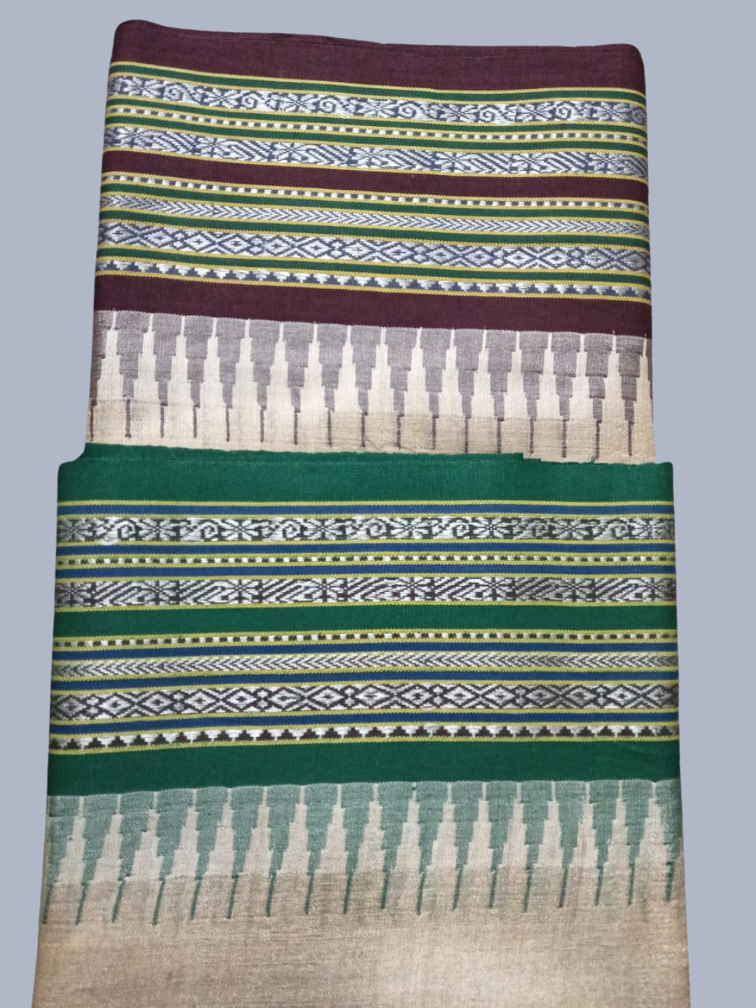 Purple and Green Handloom Vidarbha Tussar Silk Saree with Multicolor Contrast Border -004