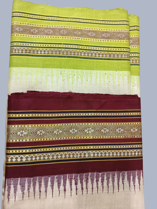 Green Red Handloom Vidarbha Tussar Silk Saree with Multicolor Contrast Border -014