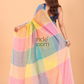 Linen Checks Saree With Pink Yellow Blue - 133