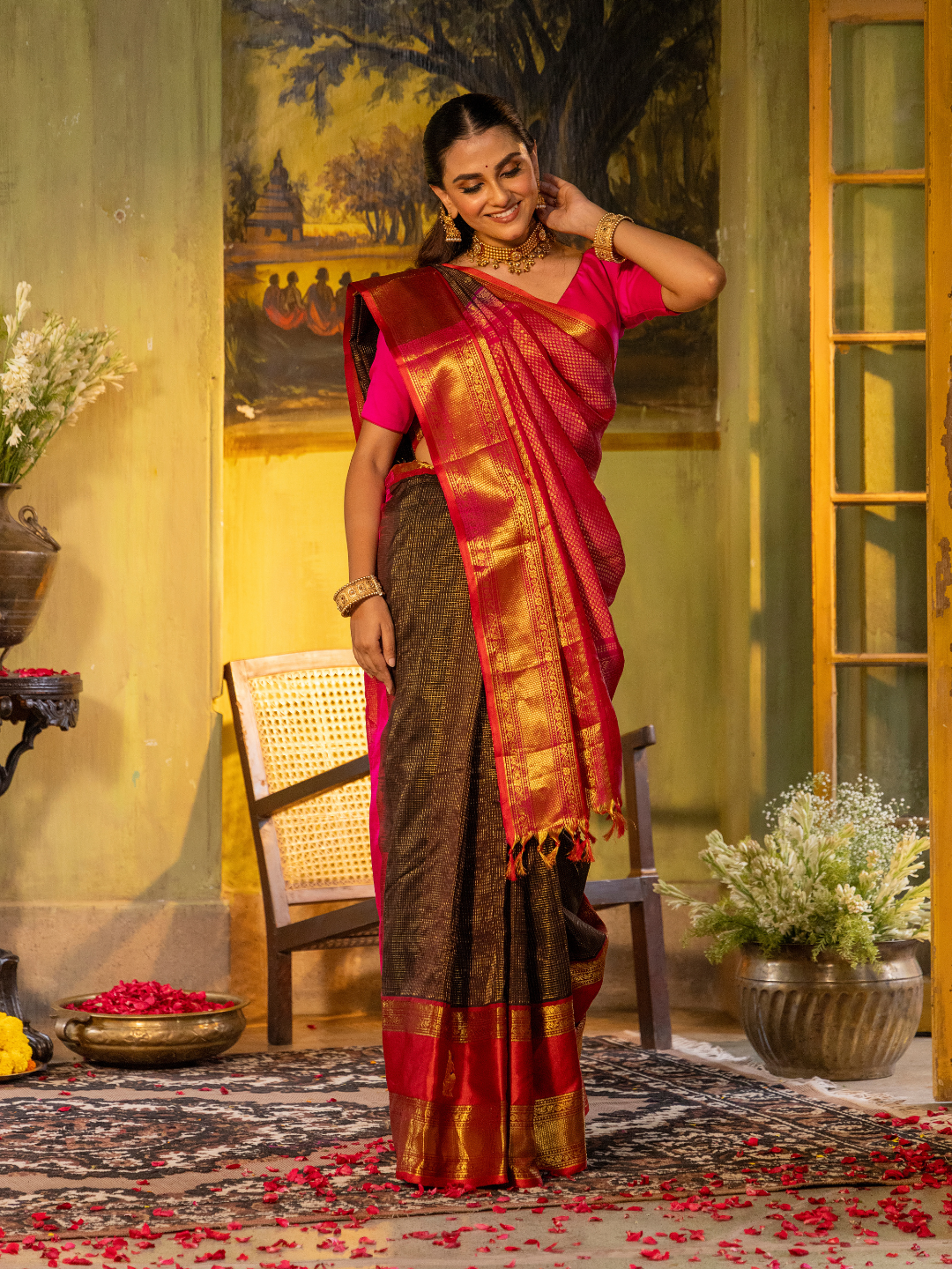 Pure Handloom Korvai Saree | Teal Blue and Golden Yellow