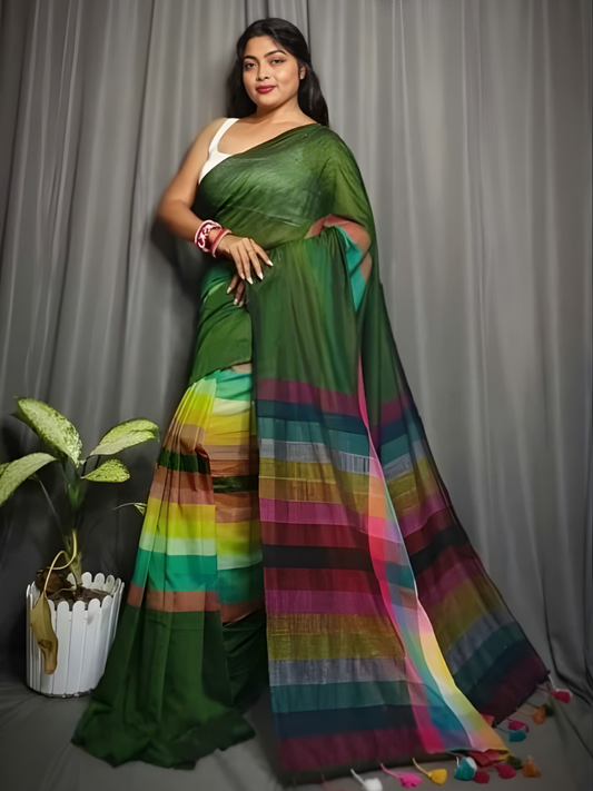 Pure Handloom Linen Saree | Moss Green