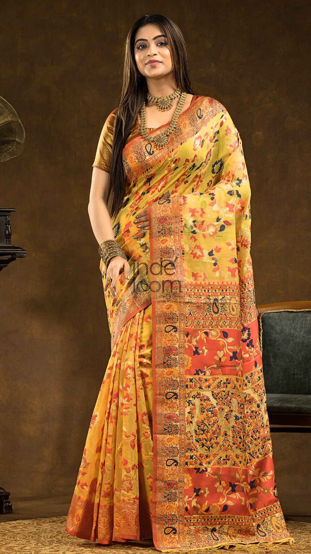 Floral woven design Silk blend Saree | Mustard Yellow