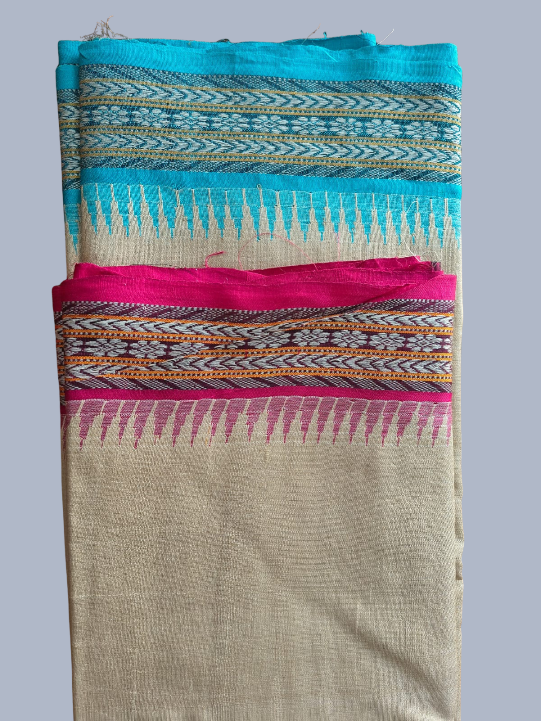 Blue and Pink Handloom Vidarbha Tussar Silk Saree with Multicolor Contrast Border -012