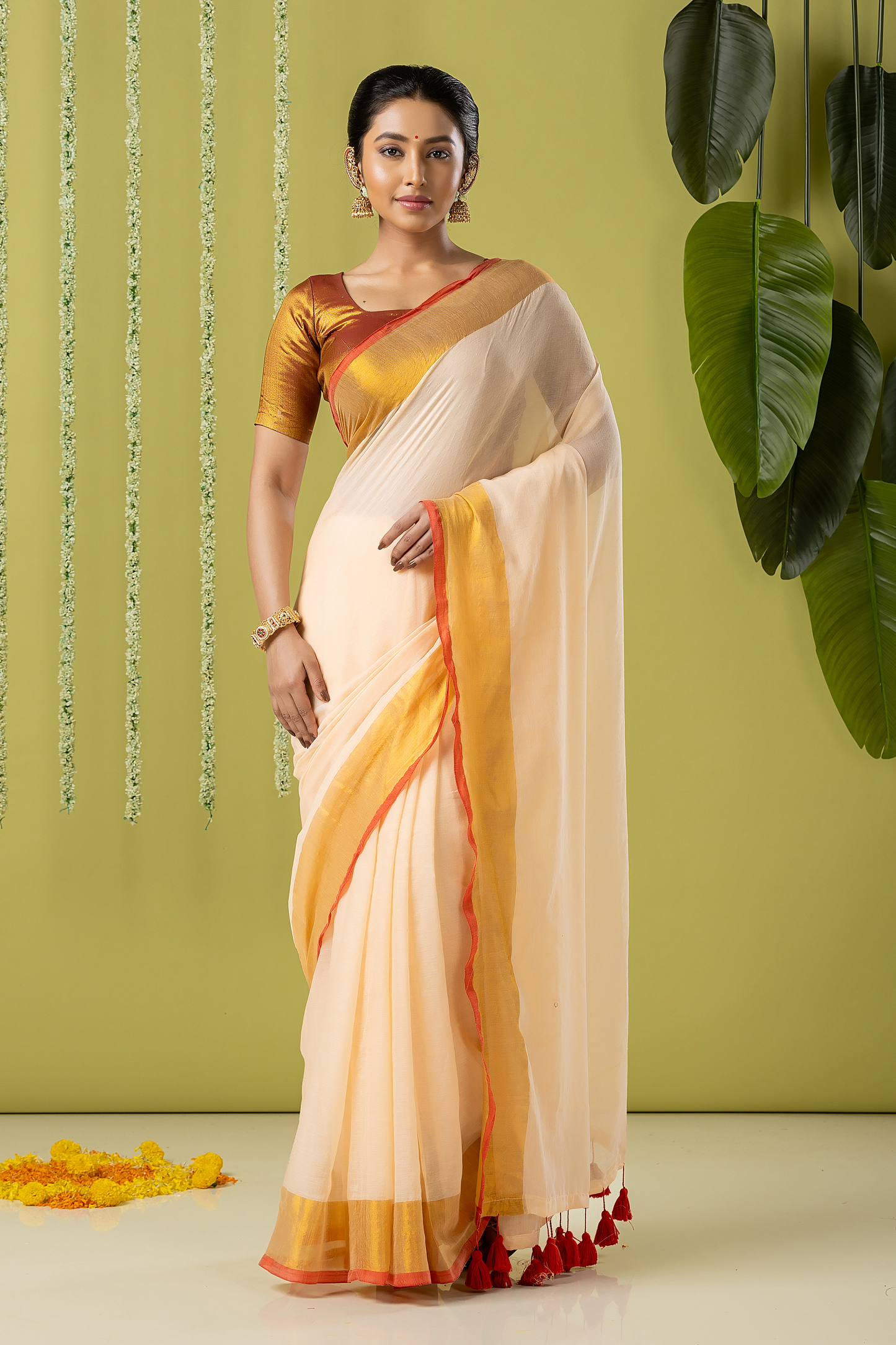 Pure Handloom Cotton Saree | White and Gold | Plain Body with Ribbon border