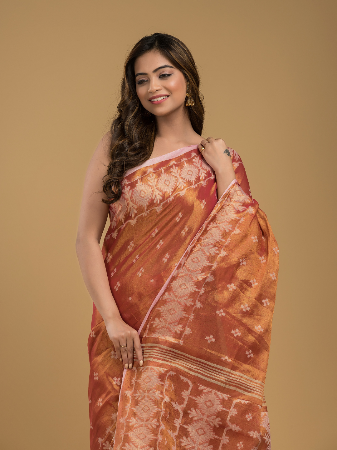 Tissue Silk Jamdani Saree Fire Orange - 041