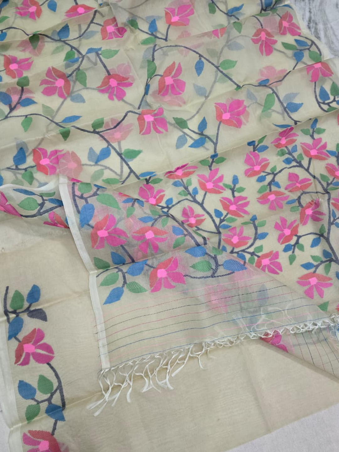 Handwoven Pure Jamdani Cotton Saree  |  Cream Beige