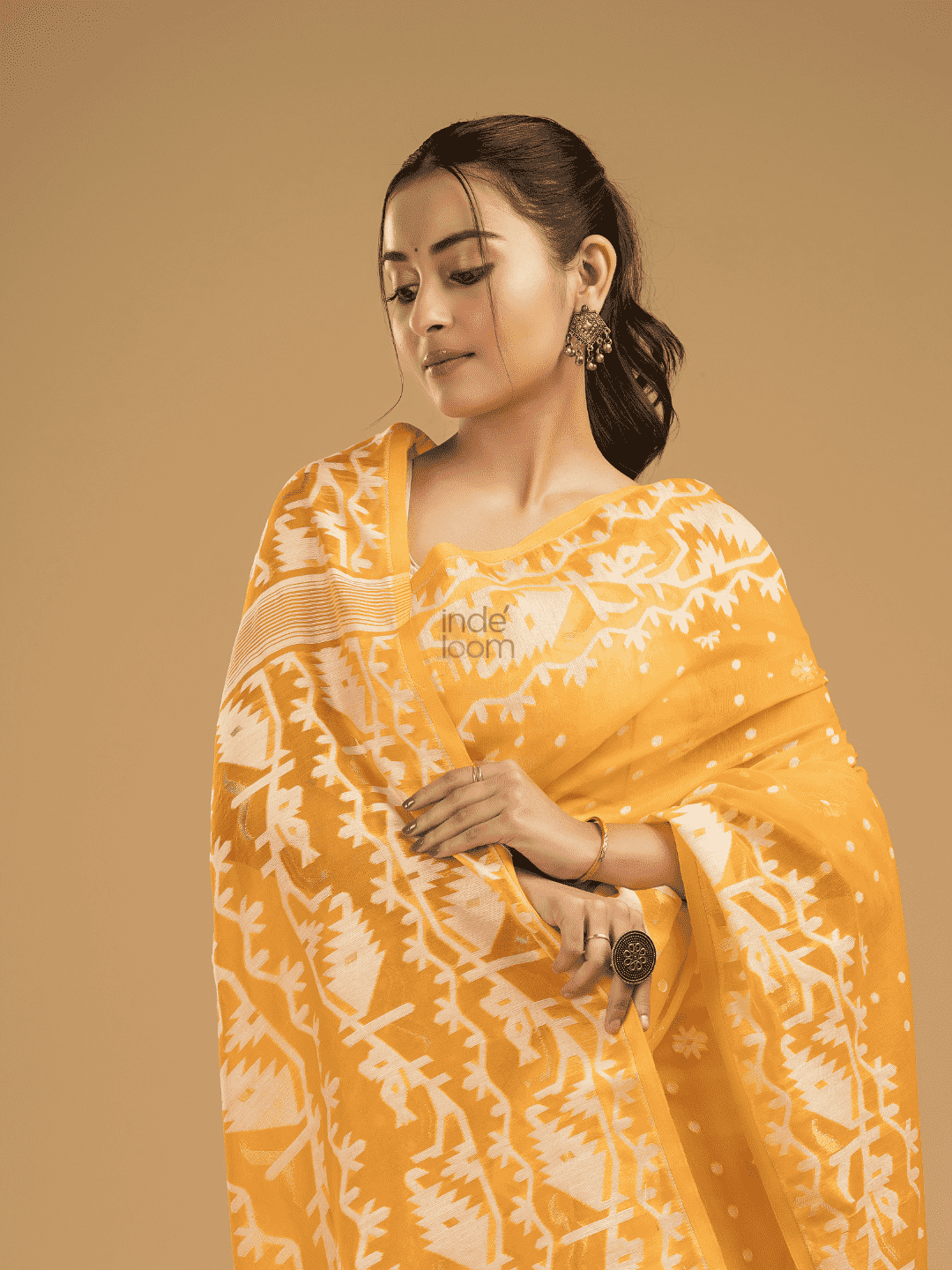Amber Orange Cotton Silk Jamdani Saree - 001 - indeloom