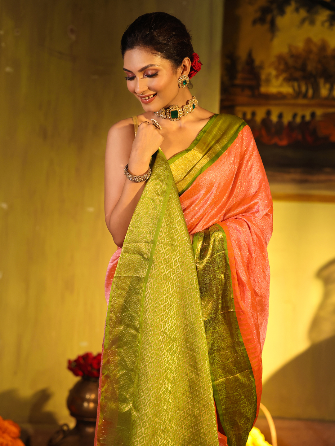 Pure Handloom Korvai Saree | Coral Pink and Leaf Green