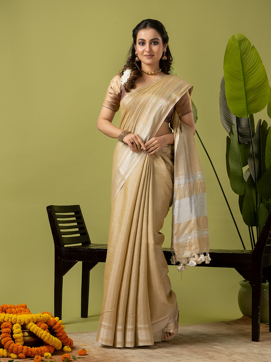 Pure Handloom Linen Saree | Khaki Golden Green and Green | Half and Half style with Contrast Border