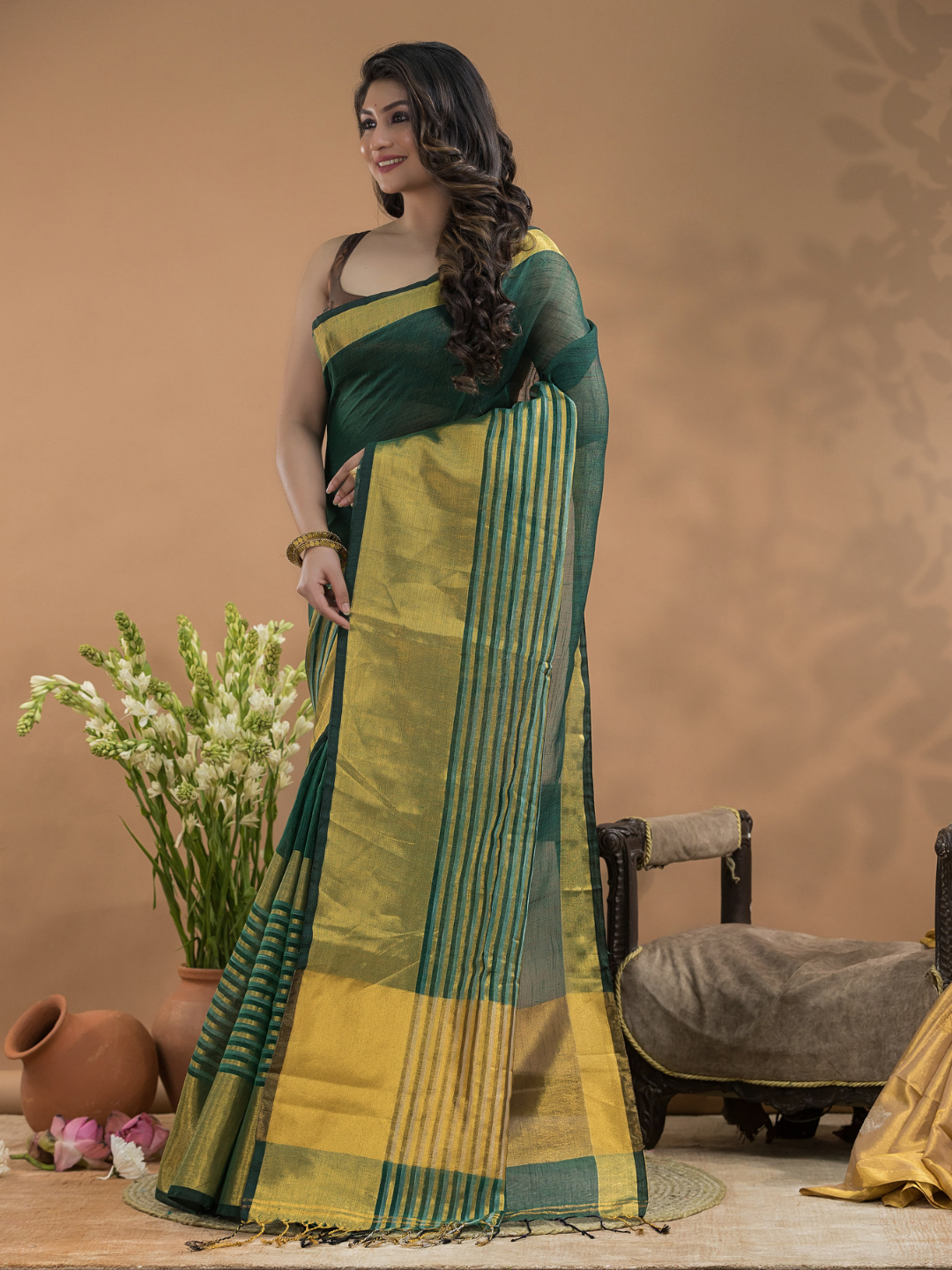 Tissue Silk Saree In Dark Green With Golden Border  -032