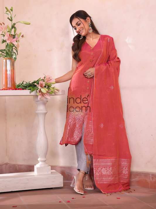 Rose Red Tissue Linen Silver Zari Jamdani 2-Piece Set Kurti & Dupatta (UNSTITCHED) - 301