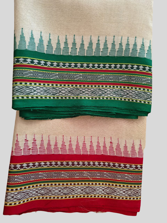Forest Green & Red Handloom Vidarbha Tussar Silk Saree with Multicolor Contrast Border - 009