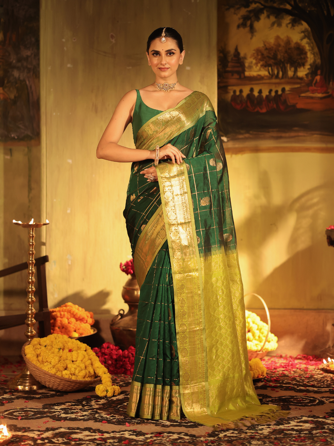 Pure Handloom Korvai Saree | Teal Peacock and Dark Green