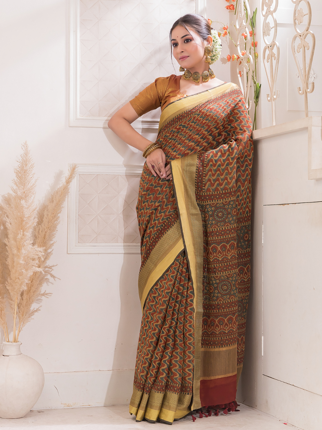 Ajrakh Exclusive Designer Modal Silk in  Coffee Brown -054