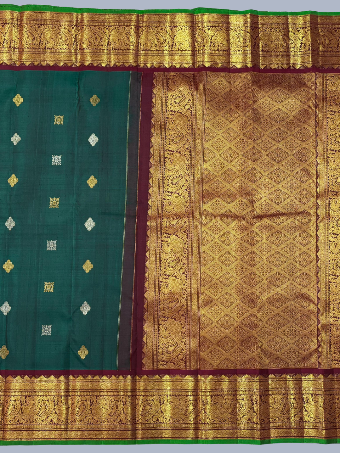 Pure Handwoven Gadwal Silk Saree With Forest Green - 011