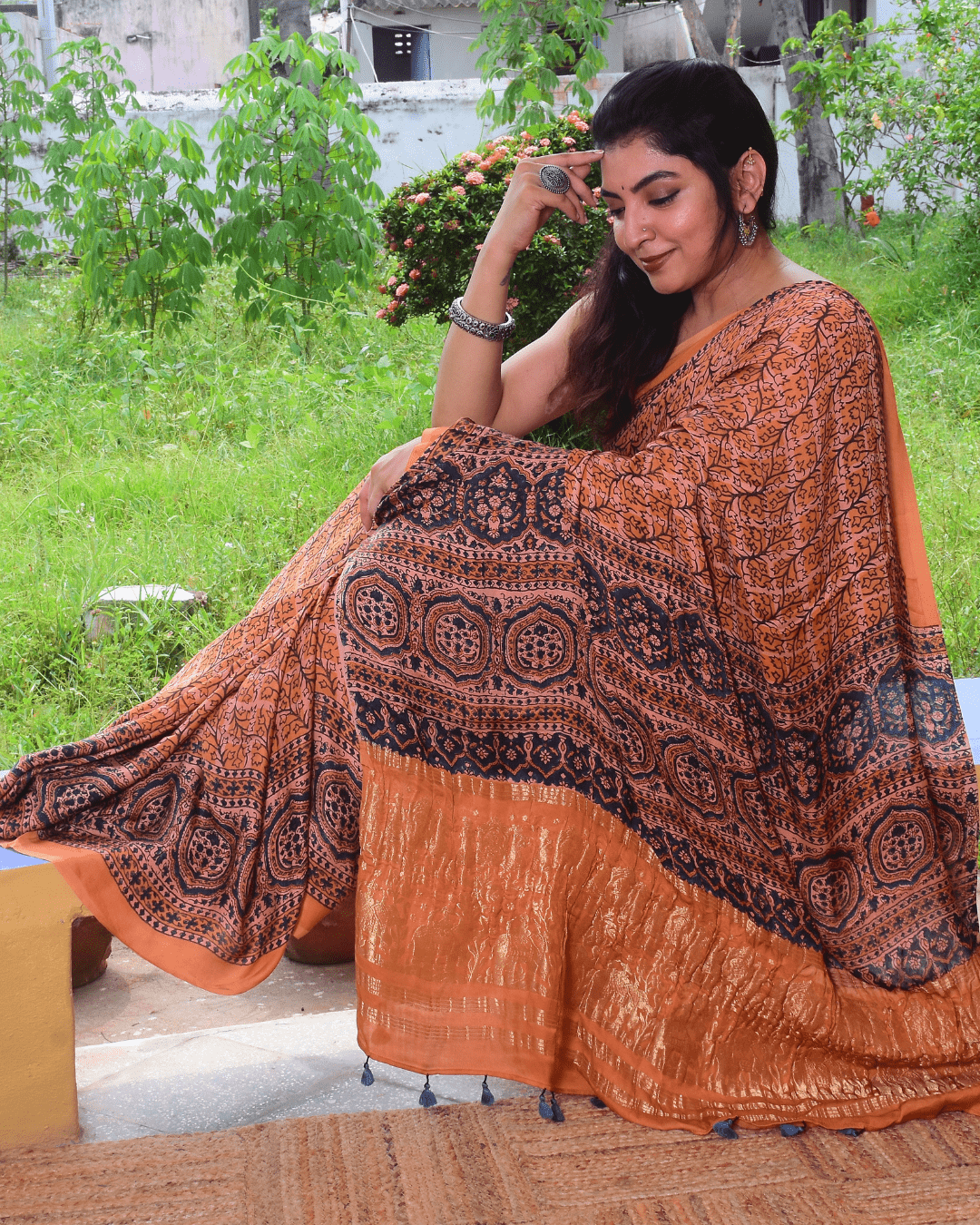 Ajrakh Exclusive Designer Modal Silk in Rust Orange and Navy with Zari pallu - 030 - indeloom