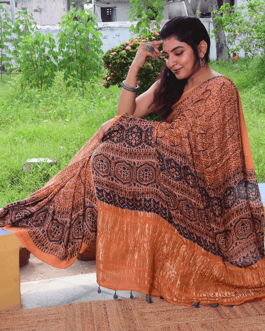 Ajrakh Exclusive Designer Modal Silk in Rust Orange and Navy with Zari pallu - 030 - indeloom