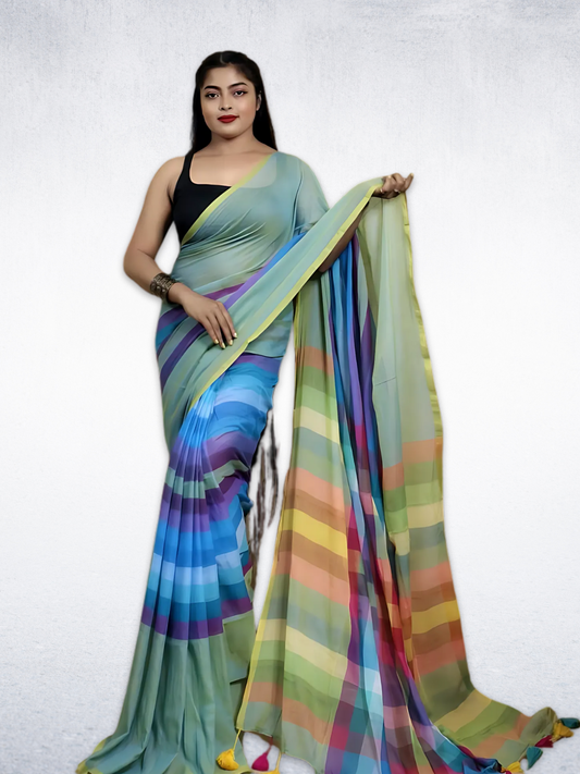 Mul Cotton Gamcha Checks Saree With Sky Blue-017