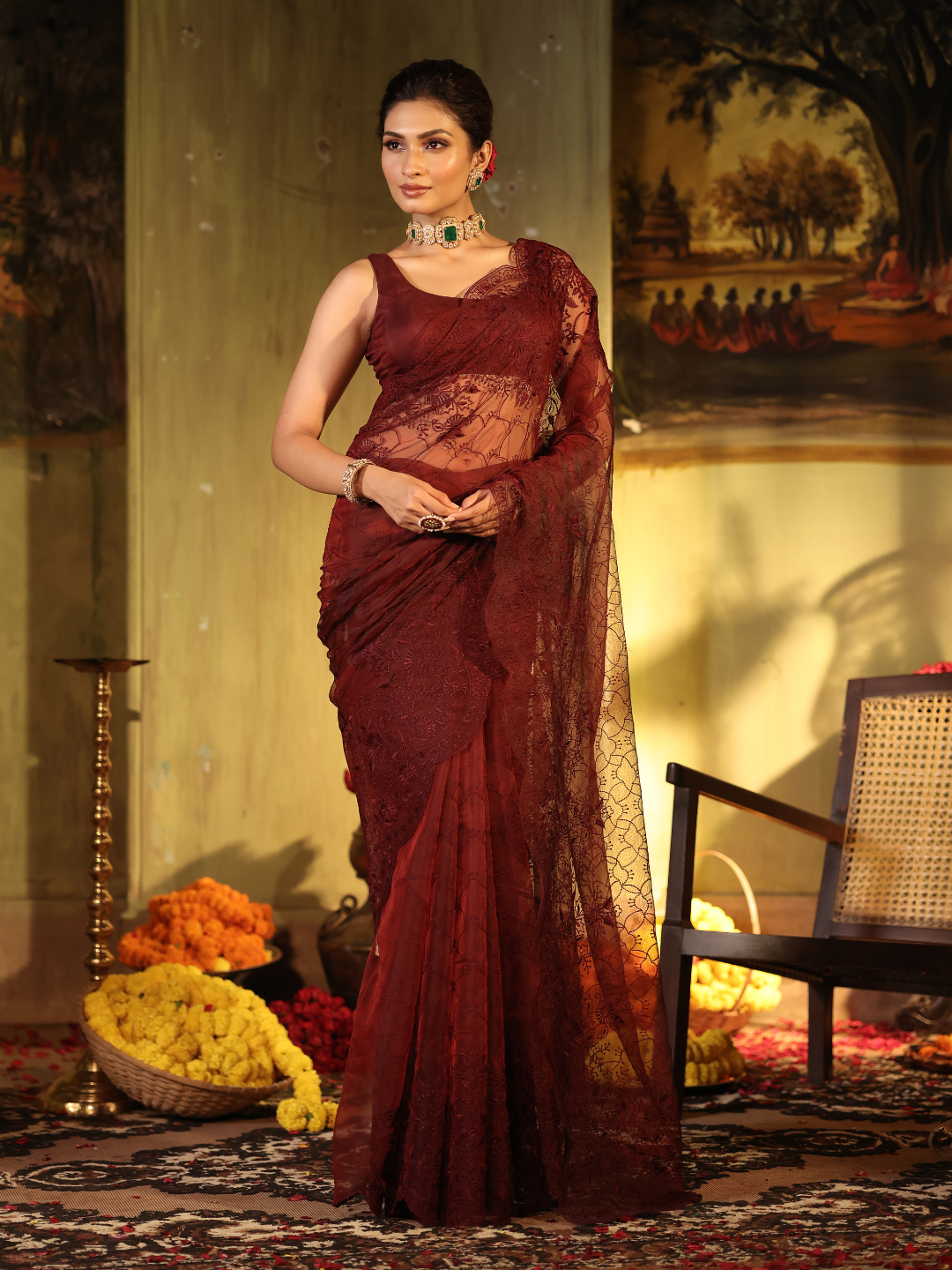 Organza Embroidery Saree With Deep Maroon - 002