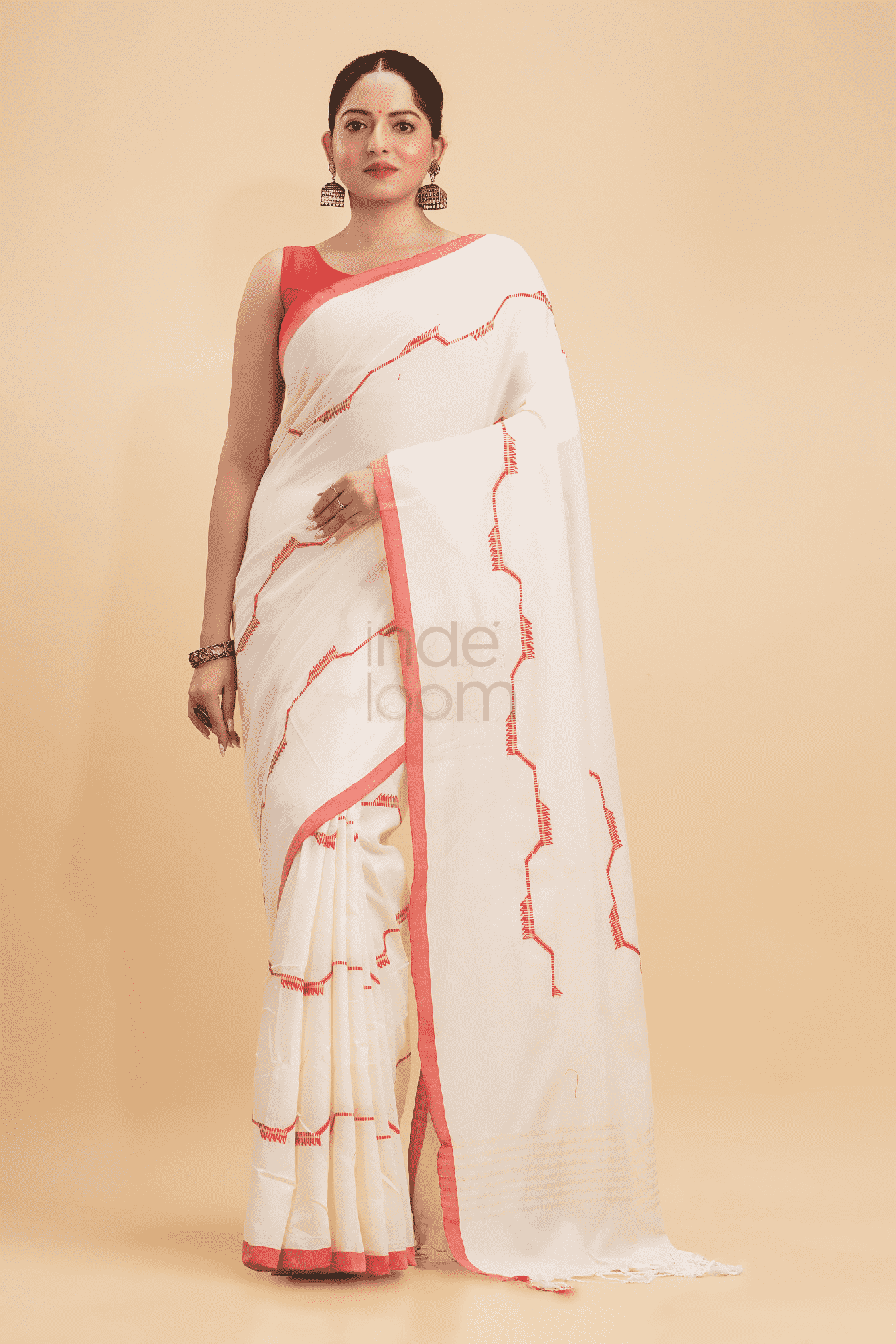 Durga Puja Saree Handloom Cotton in Red White- 001 - indeloom