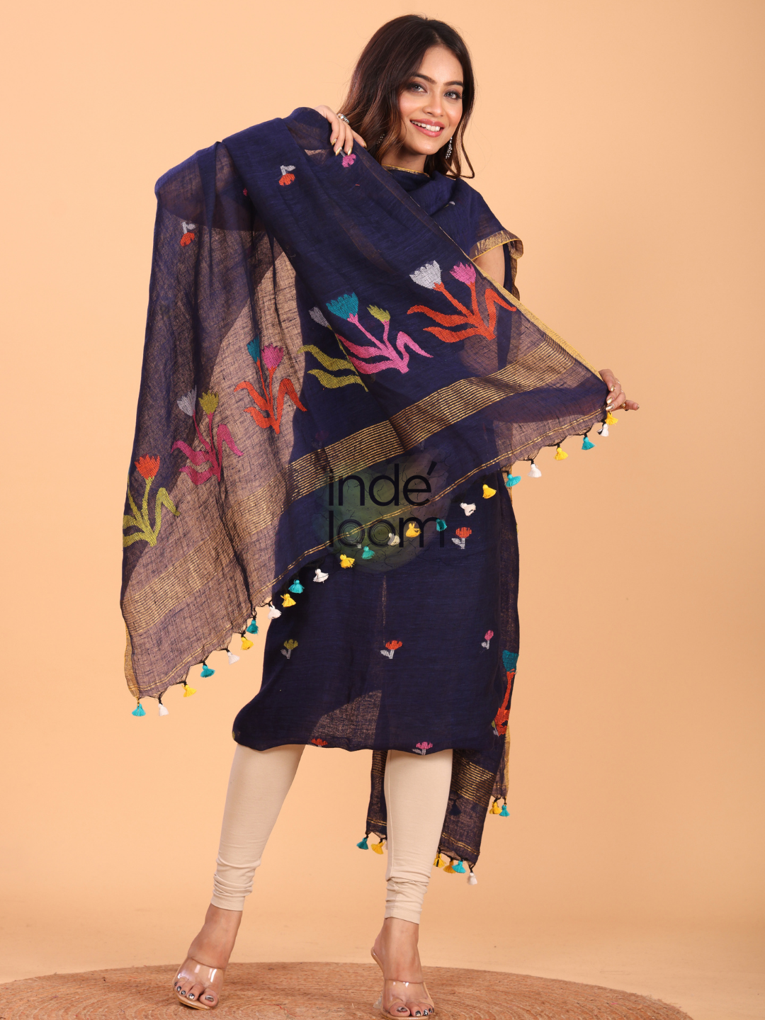 Midnight Blue Linen x Linen Jamdani 2-Piece Set Kurti & Dupatta (UNSTITCHED) - 051