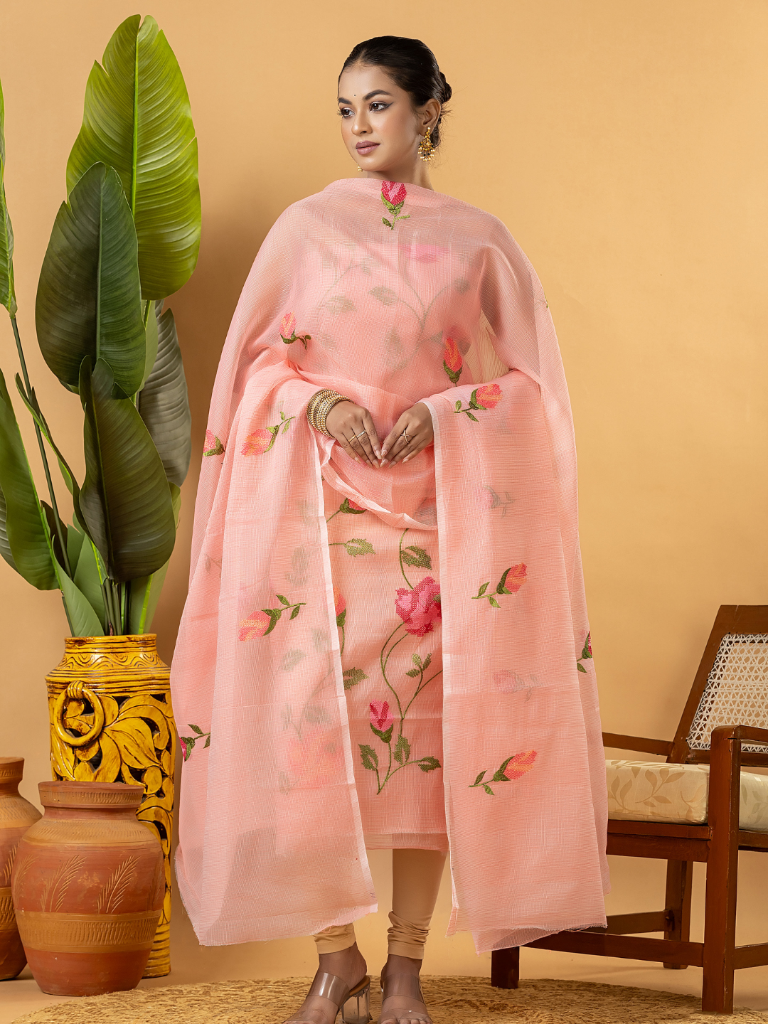 Classic Kota Doria Cotton Unstitched 2-Piece Kurti | Peach