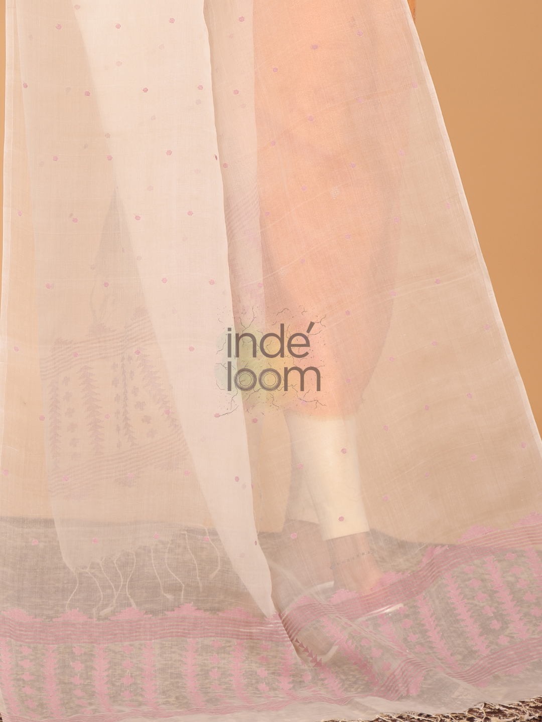 Pure Handloom Muslin Jamdani Dupatta With Baby Pink  - 002
