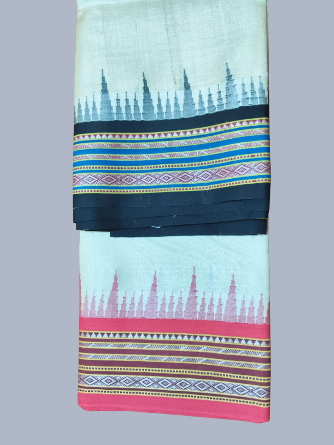 Dark Blue & Pink  Handloom Vidarbha Tussar Silk Saree with Multicolor Contrast Border - 002