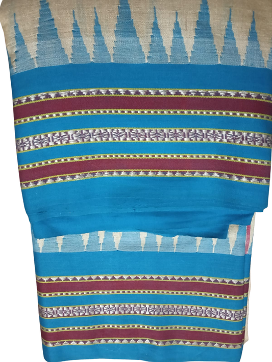 Sea Blue Handloom Vidarbha Tussar Silk Saree with Multicolor Contrast Border -005