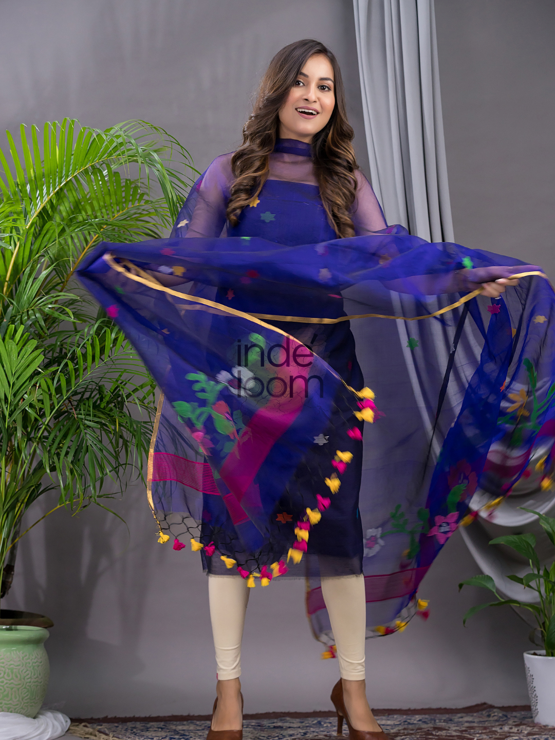 Indigo Blue Cotton Silk Jamdani 2-Piece Set Kurti & Dupatta (UNSTITCHED) - 108