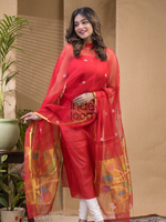 Cherry Red Paithani Muslin Jamdani 2-Piece Set Kurti & Dupatta (UNSTITCHED) -658