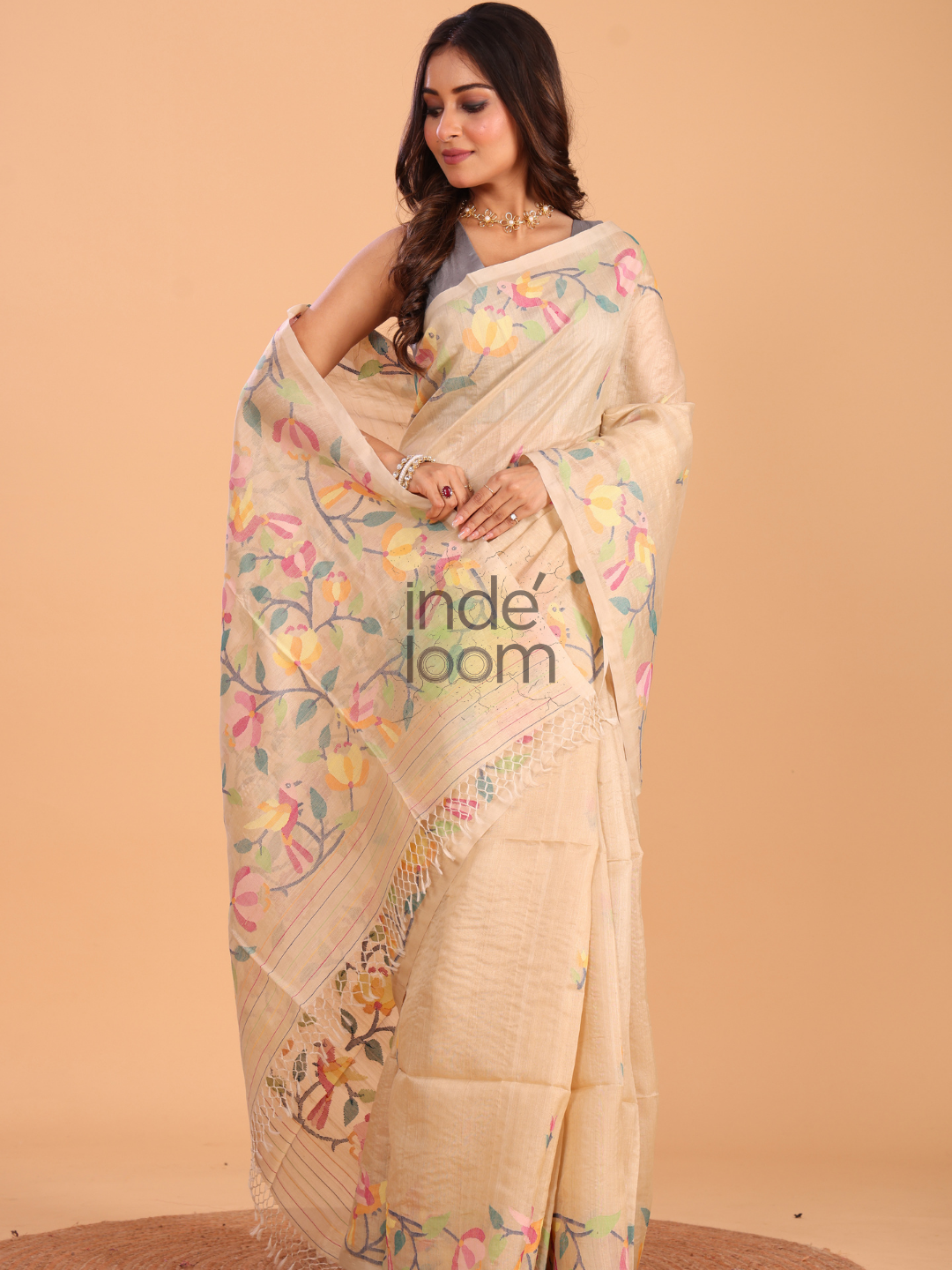 Tussar Silk Jamdani Saree With Pale Brown - 139