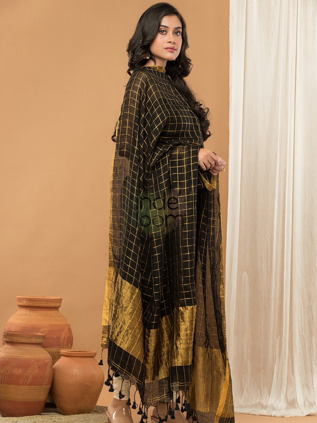 Black with Golden color Jamdani 2-Piece Set Kurti & Dupatta (UNSTITCHED) - 145