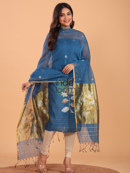 Indigo Blue Muslin Jamdani 2-Piece Set Kurti & Dupatta (UNSTITCHED) - 082