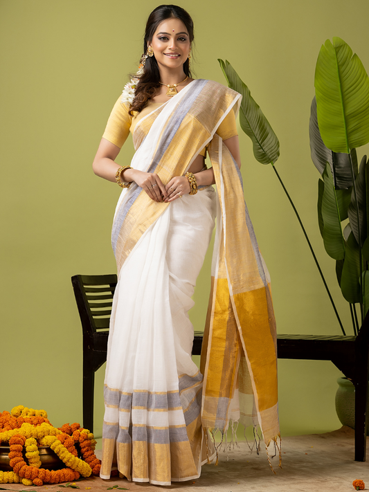 Pure Handloom Linen Saree | Pearl White and White | Half and Half style with Contrast Border