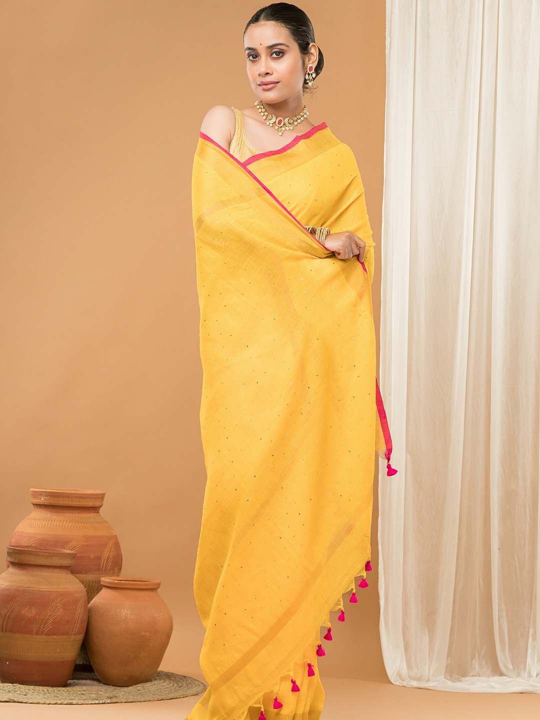 Linen Sequin Jamdani Saree With Mango Yellow - 001