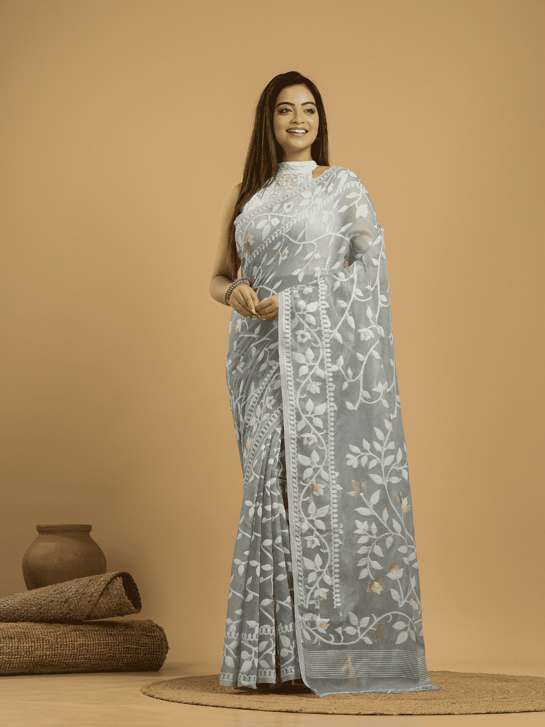 Beige Brown Cotton Silk Jamdani Saree - 028 - indeloom